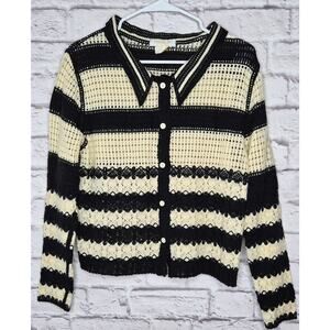 COCOBLEU NY Crochet Knit Cardigan Sweater Medium Black White Striped Boho Button